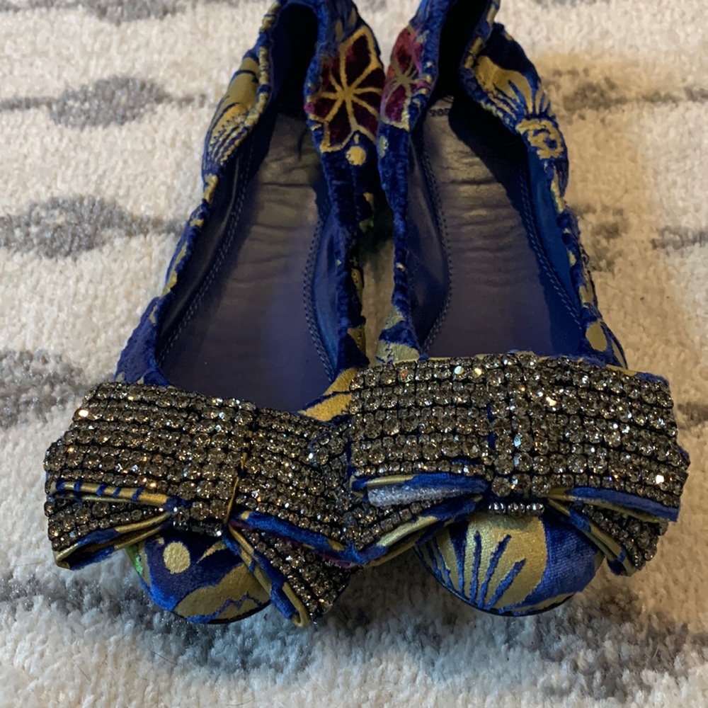 Tory Burch Blue Metallic Floral Valentina Bow flats! 9M